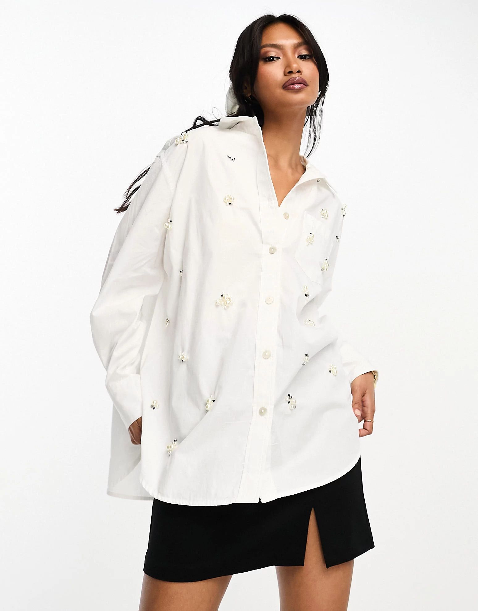 River Island oversized pearl embellished shirt in white | ASOS (Global)