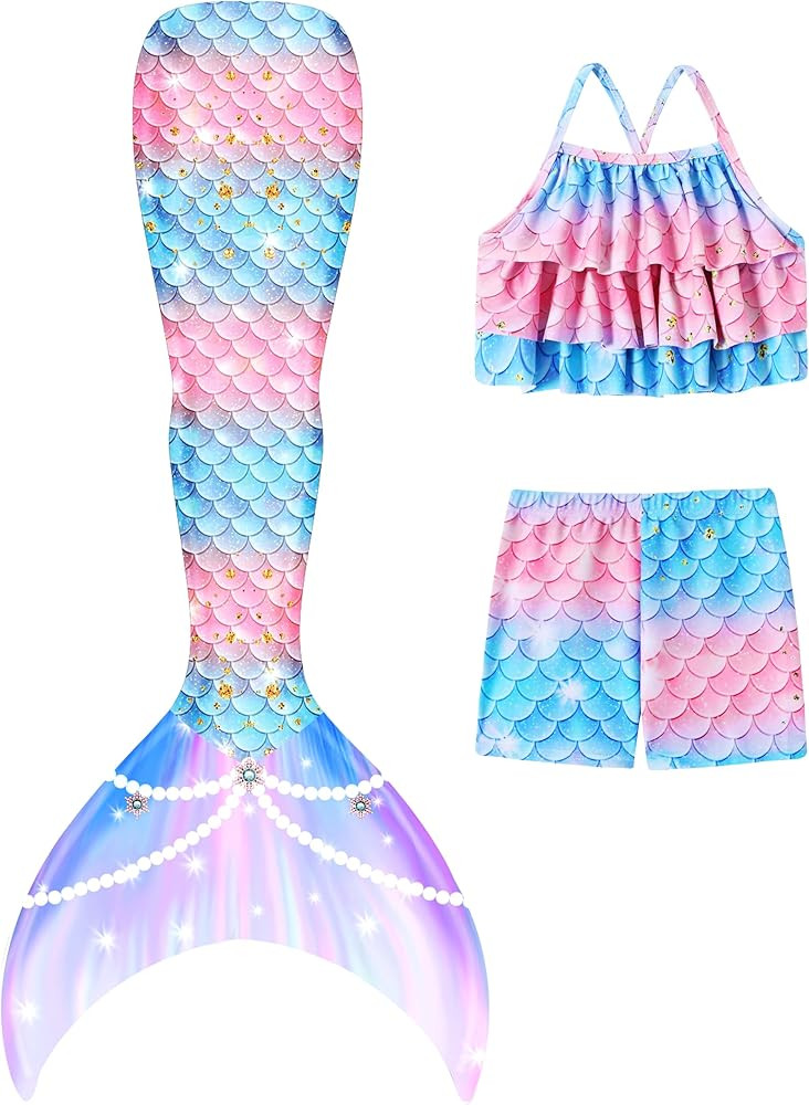 Girls Mermaid Bathing Suit 3PCS Cute Ruffle Tankini Swimsuits with Boyshort Fish Tail Kids Beach ... | Amazon (US)