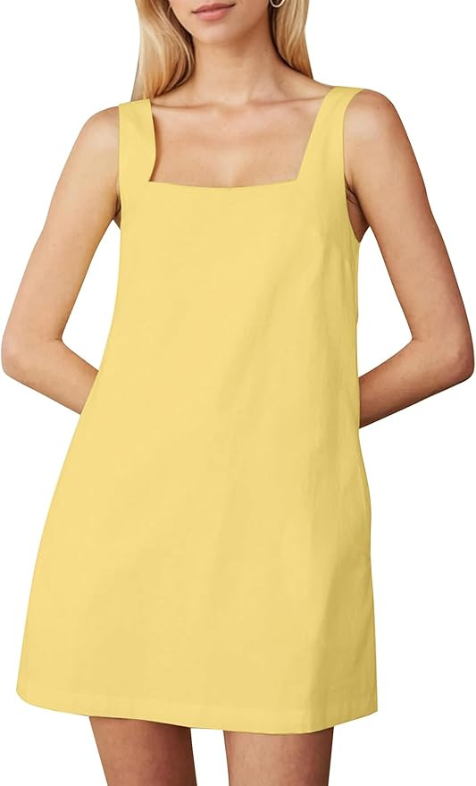 Summer Sleeveless Cotton Linen Mini Dresses for Women Casual Square Neck Backless Short Dress Sol... | Amazon (US)