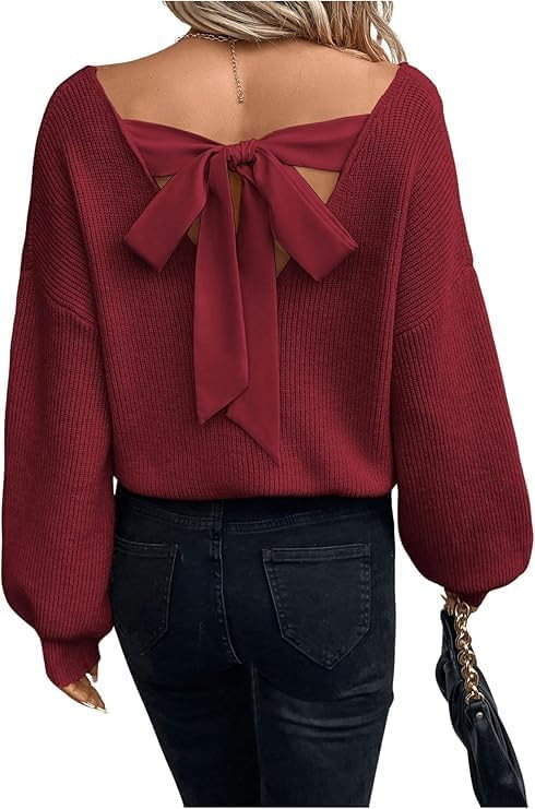Chvity Women Sexy Backless Bow Tied Long Lantern Sleeve Pullover Sweaters Fall Winter Trendy Clot... | Amazon (US)