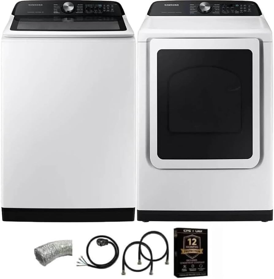 Samsung WA52DG5530K1 White Top Load High Efficiency Smart 5.2 Cu Ft Washer and 7.4 Cu Ft Electric... | Amazon (US)