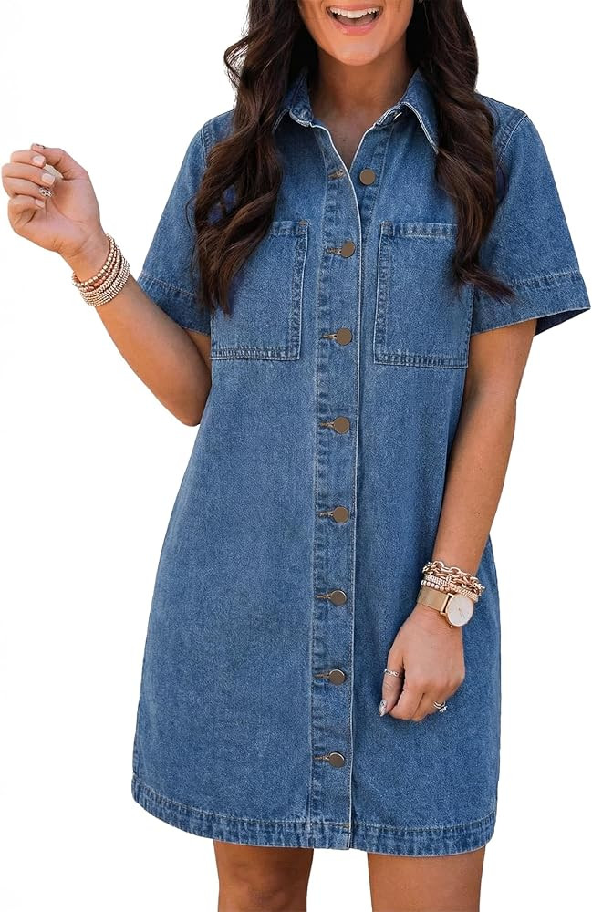 EMMIOL Button Down Denim Dress for Women - Short Sleeve Babydoll Mini Jean Shirt Dresses Summer C... | Amazon (US)
