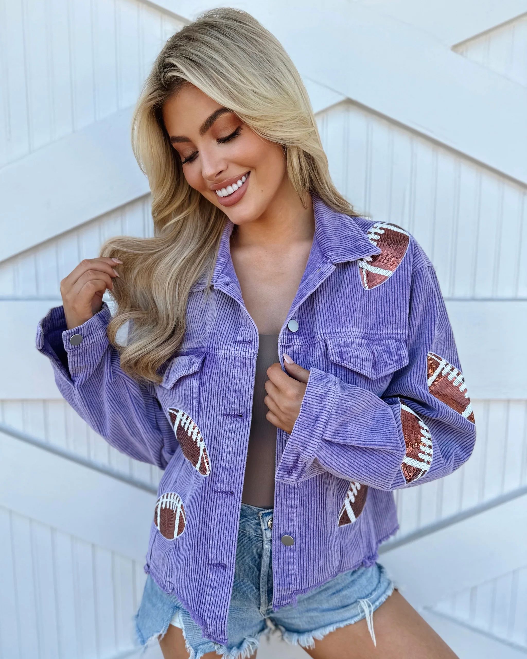 Purple Corduroy Sequin Football Cropped Jacket (Pre-Order Ships 9/1) | Live Love Gameday®