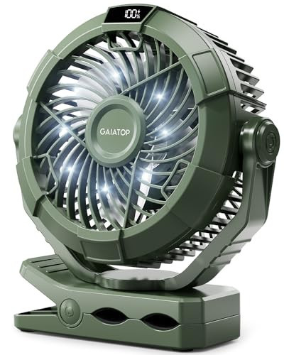 Gaiatop Portable Camping Fan with LED Lantern, 360°Rotation and Clip on for Desk, 4000mAh USB Rechargeable Battery Powered, Digital Display and Hanging Hook for Tent Outdoor Travel Bedroom Green | Amazon (US)