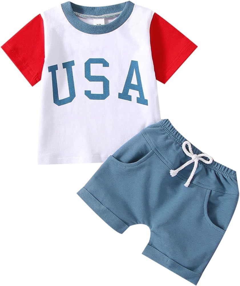 Baby Boy 4th of July Outfit Short Sleeve T-shirt Top Solid Color Shorts 2Pcs Independence Day Summer | Amazon (US)
