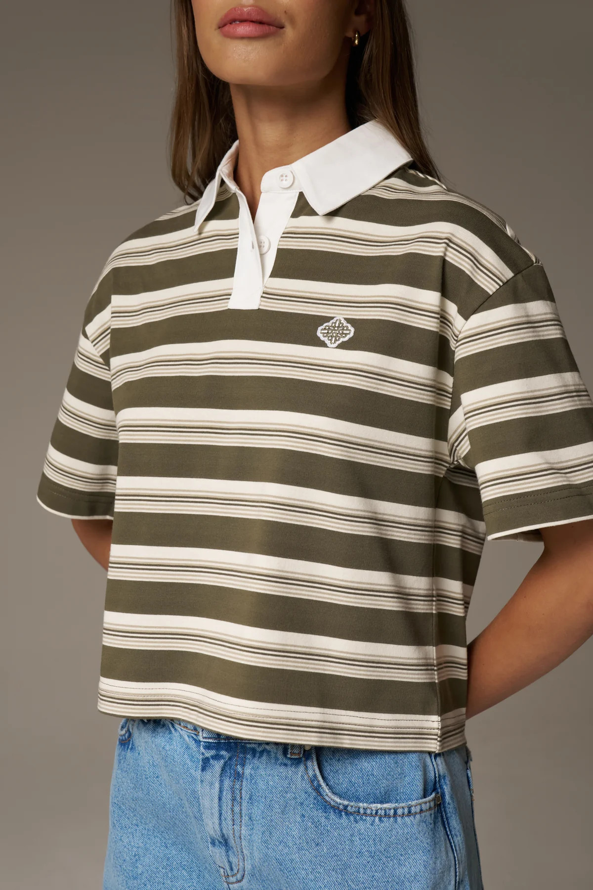 STRIPED POLO TEE - KHAKI | The Couture Club