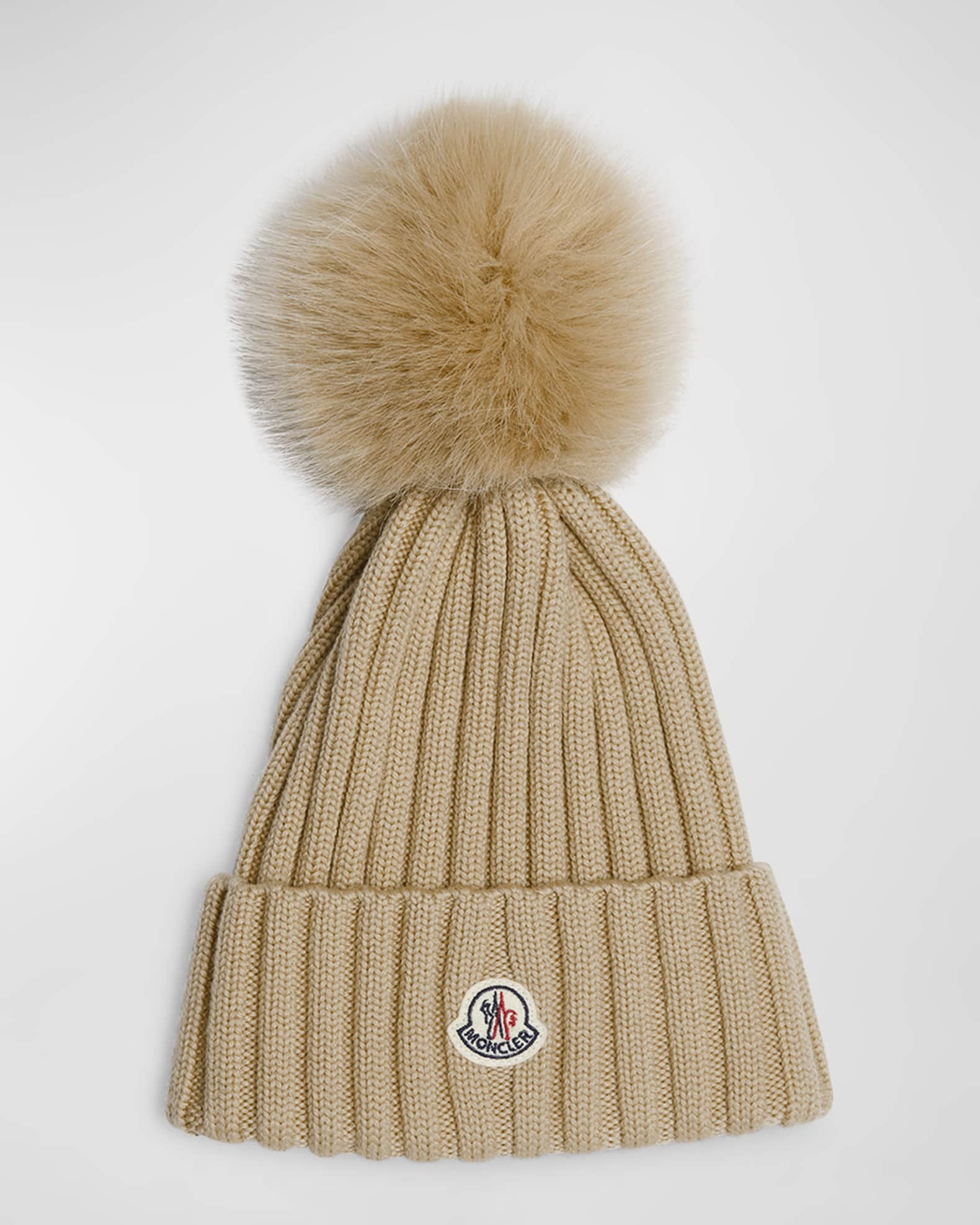 Ribbed Wool Beanie with Faux Fur Pom | Neiman Marcus