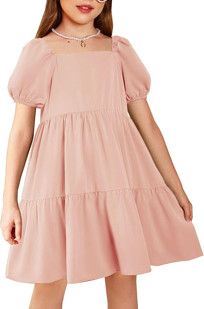 Arshiner Girls Dresses Short Sleeve Ruffle Chiffon Summer Flowy Dress with Square Neck | Amazon (US)