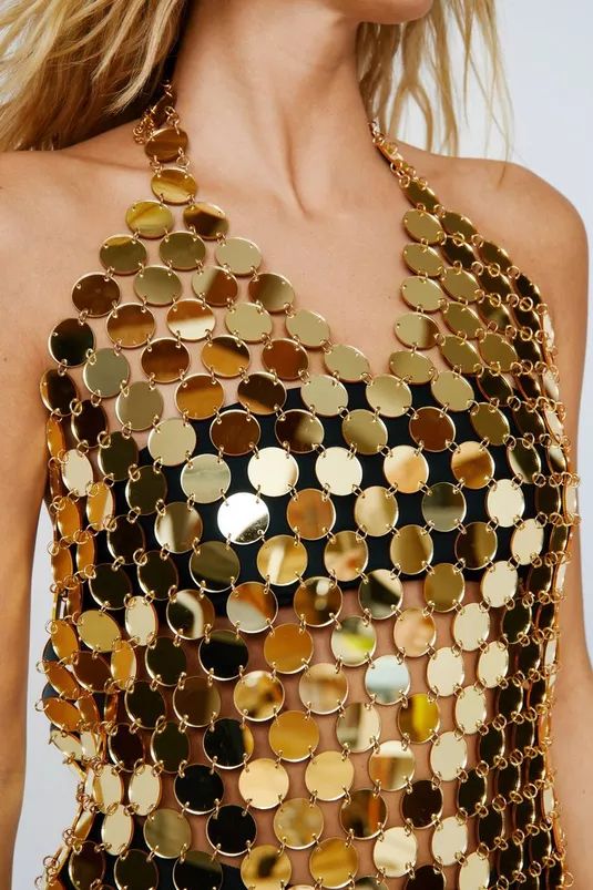 Disc Chainmail Sequin Halter Mini Dress | Nasty Gal (US)