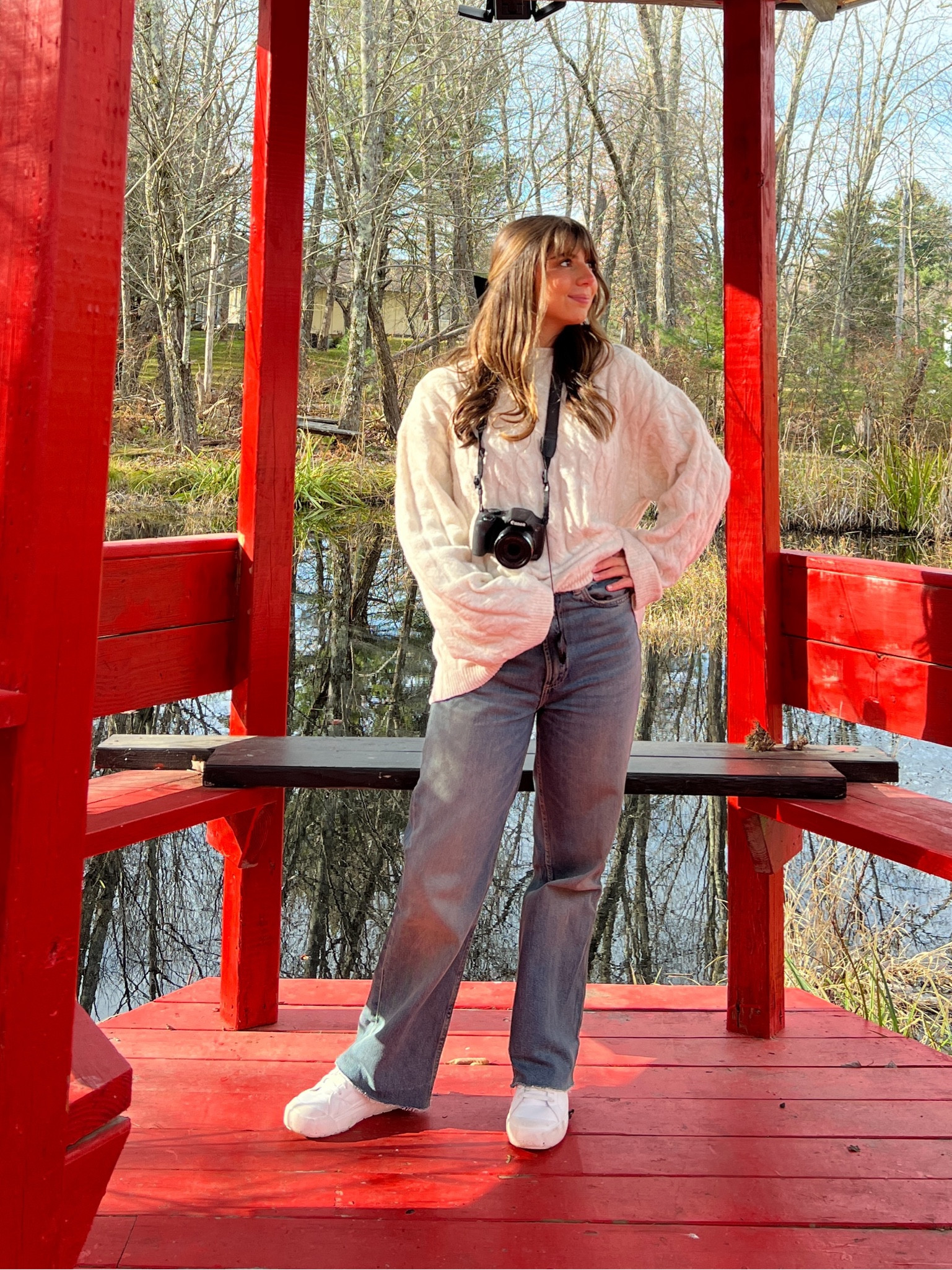 Zara TRF high rise wide leg jeans and H&M cable knit Rory Gilmore sweater 