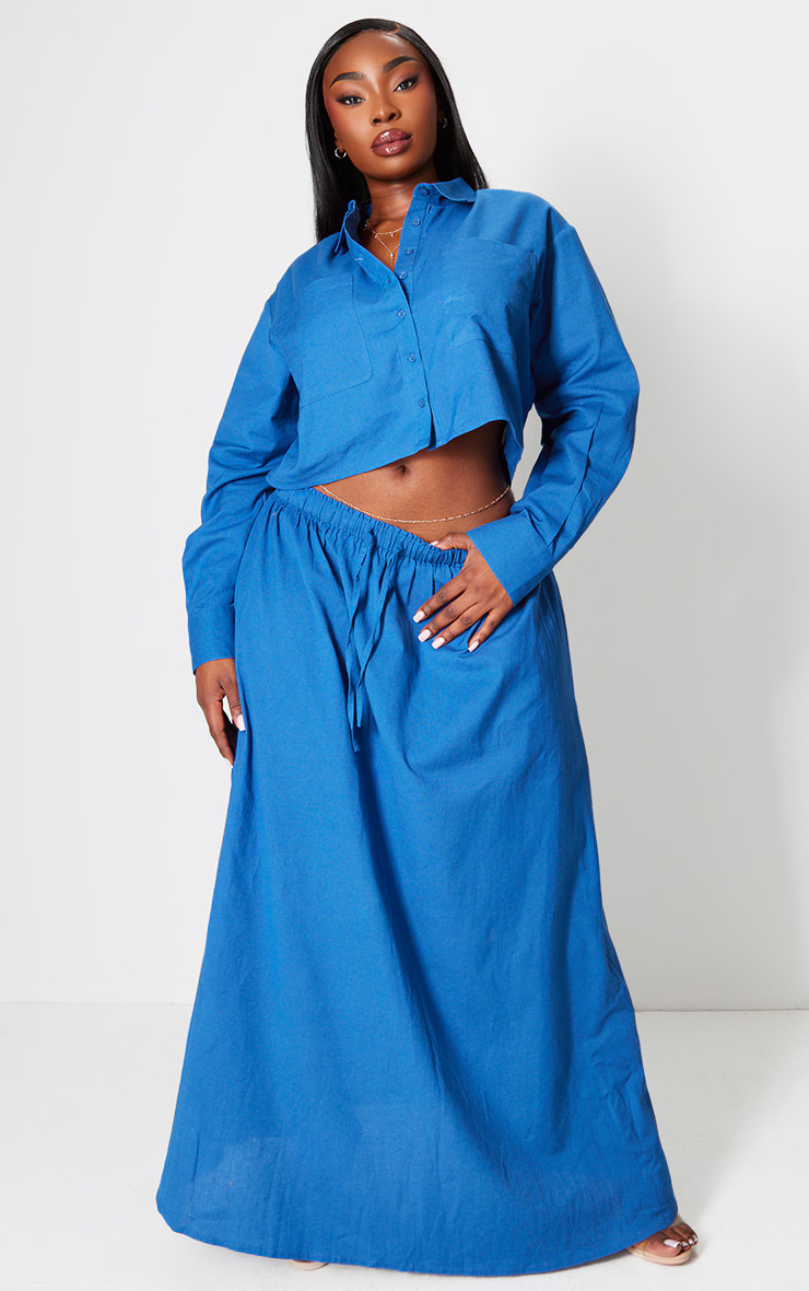 Plus Dark Blue Linen Drawstring Waist Maxi Skirt | PrettyLittleThing US