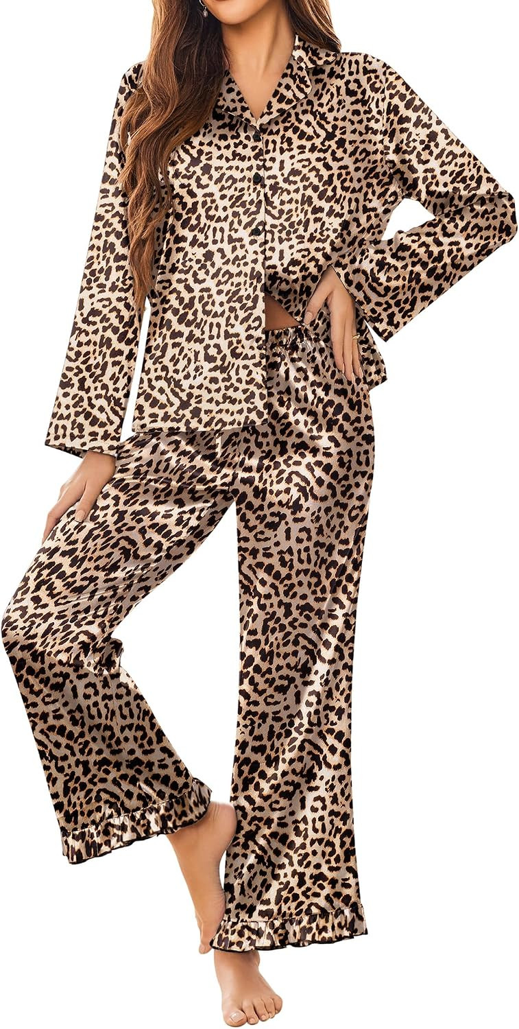 Ekouaer Satin Pajamas for Women Long Button Down Silk Pjs with Ruffle | Amazon (US)