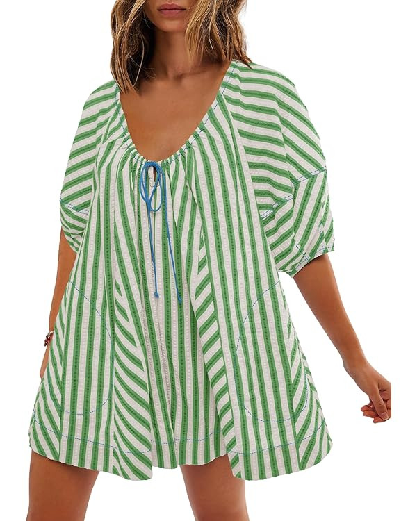 SENSERISE Womens Striped Romper Puff Sleeve Mini Shorts Romper Dress Beach Vacation Outfits with ... | Amazon (US)