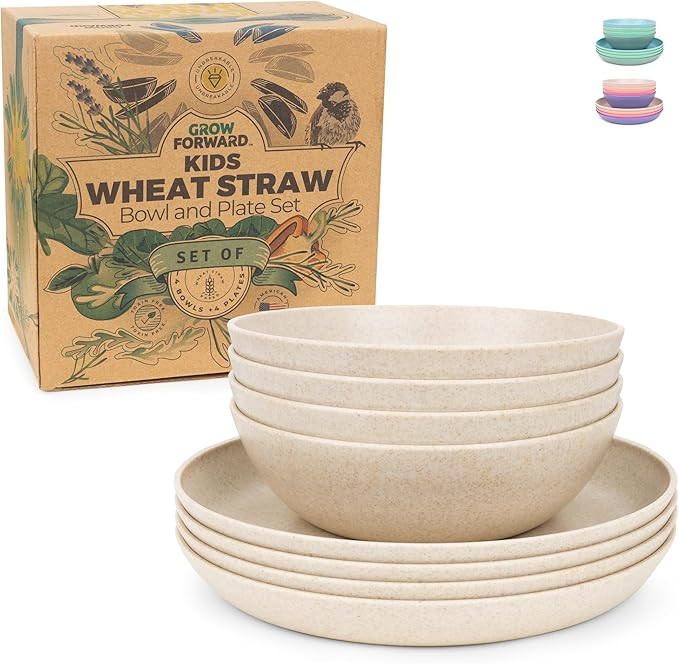 Grow Forward Wheat Straw Kids Plates and Bowls Sets - 8-Piece Unbreakable Dishwasher & Microwave ... | Amazon (US)