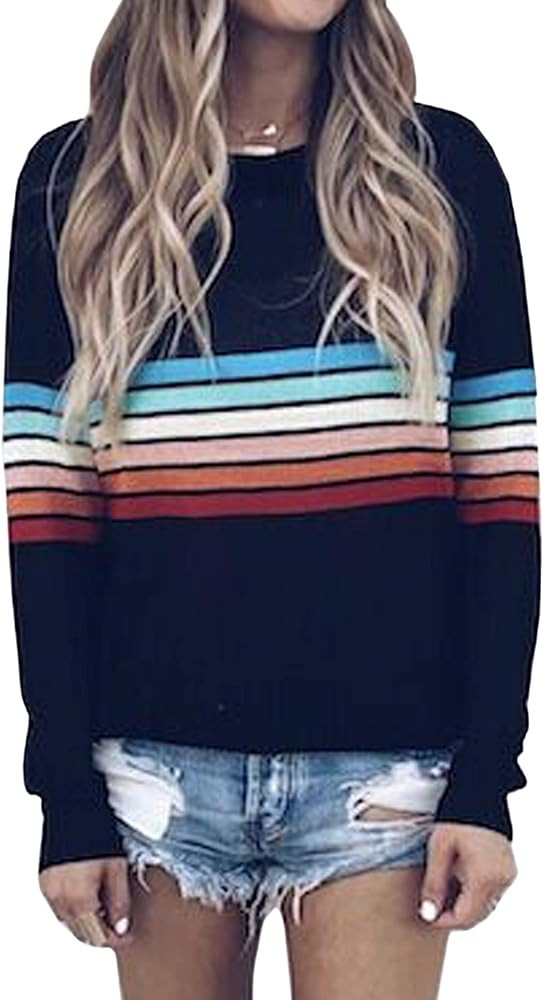 ECOWISH Women's Sweater Rainbow Colorful Striped Sweaters Long Sleeve Crew Neck Color Block Casua... | Amazon (US)