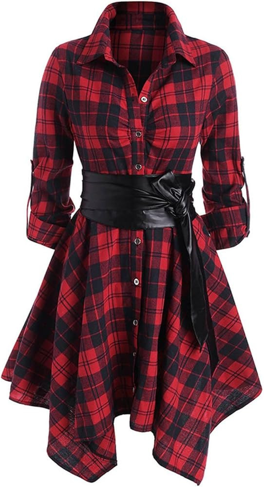 Women's Gothic Long Sleeve Plaid Shirt Dress with Belt A-Line High Low Tunic Dresses Elegant Vint... | Amazon (US)