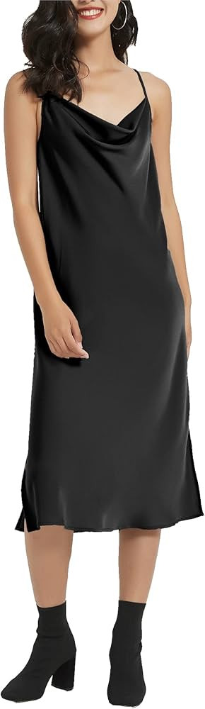 SUPESU Women's Adjustable Sleeveless Spaghetti Strap Silky Satin Midi Slip Dress | Amazon (US)
