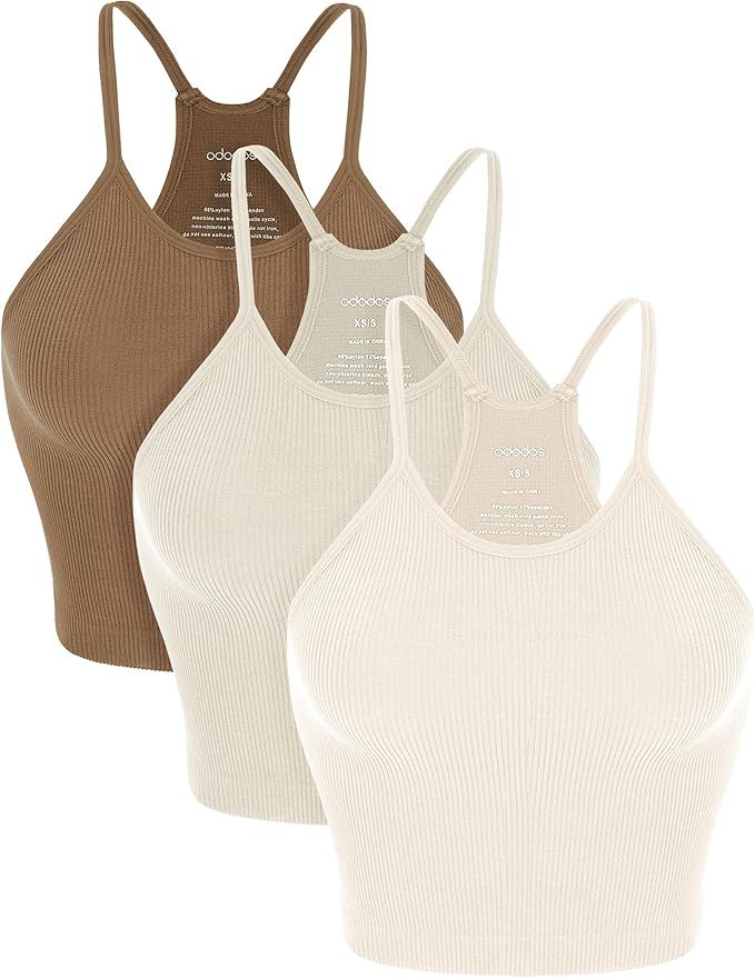 ODODOS Women's Crop 3-Pack Washed Seamless Rib-Knit Camisole Crop Tank Tops | Amazon (US)