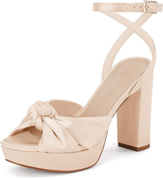Coutgo Women's Knot Platform Heeled Sandals Open Toe Chunky Heel Ankle Buckle Strap Dress Shoes | Amazon (US)