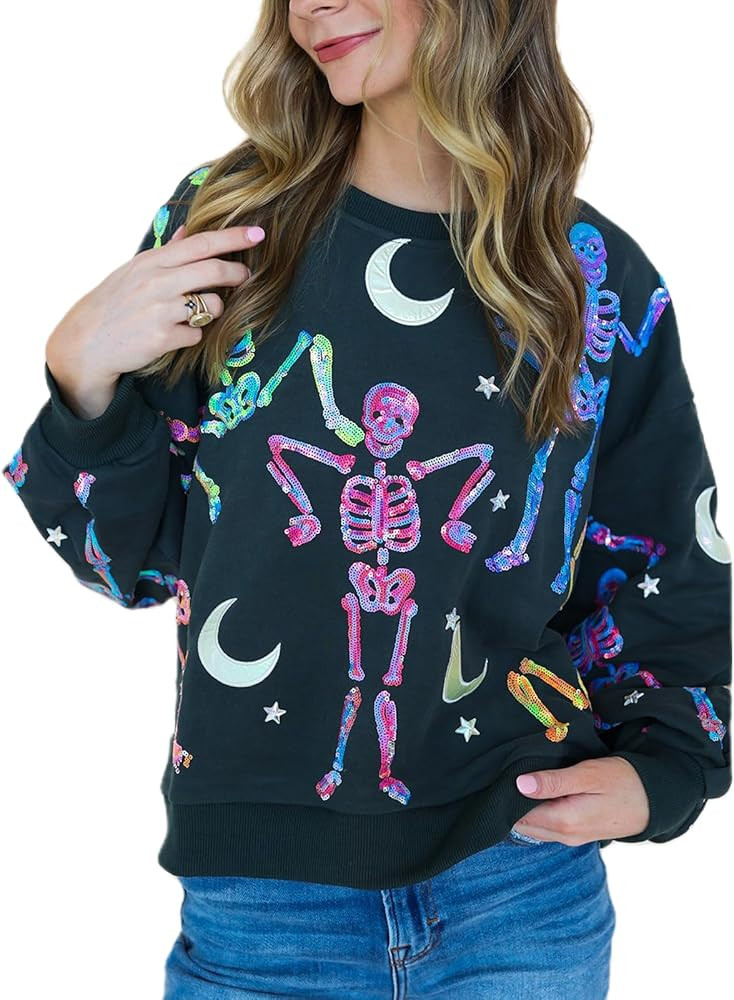 KOSUSANILL Sequin Halloween Sweatshirt for Women Sparkly Dancing Skeleton Spooky Season Ghost Cre... | Amazon (US)