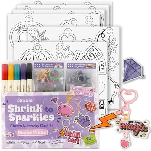 Grabie DIY Shrink Art Craft Kit Jewelry Making Kit for Kids Adults, 25+ Pre-Cut Shapes, 5 Dual-Tip Markers, Custom Charms, Pins, Rings, Keychains (Retro Vibes - Beginner Friendly) | Amazon (US)
