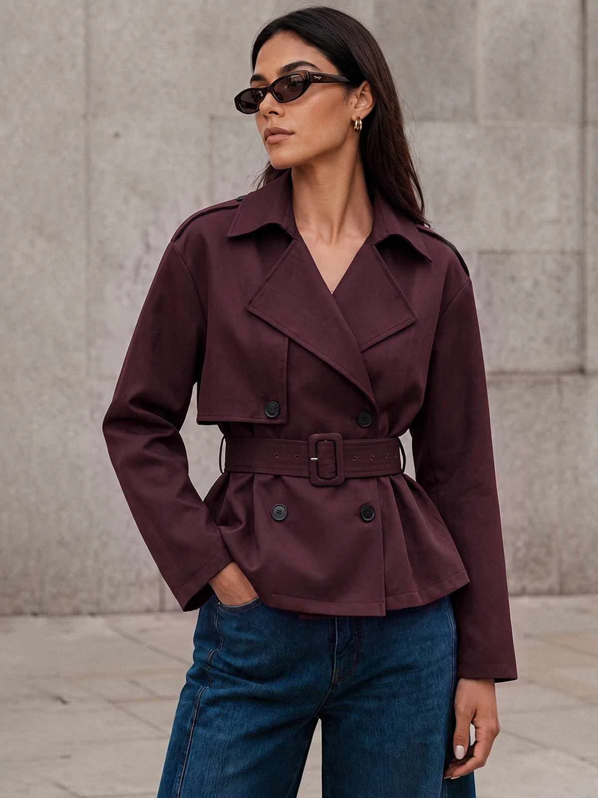 Double\u2011Breasted Belted Trench Jacket | Commense