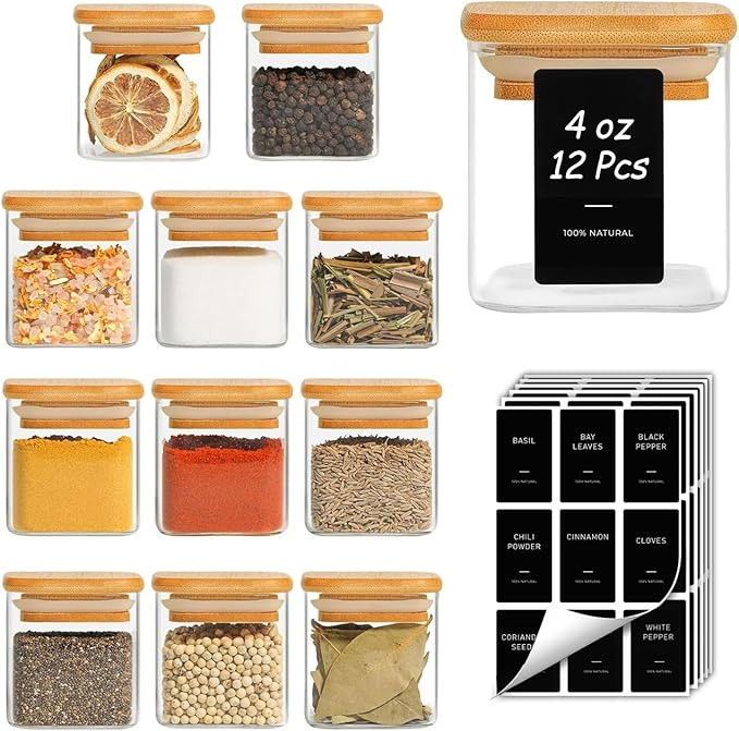 ComSaf 12Pcs Spice Jars with Labels, Glass Jar with Bamboo Lid, 4oz Airtight Square Spice Contain... | Amazon (US)