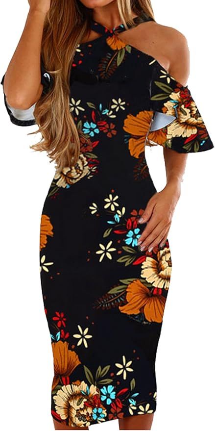 Murimia Womens Dresses Summer Off The Shoulder Ruffle Floral Print Bodycon Midi Dress | Amazon (US)