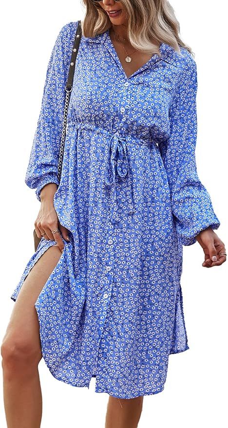 PRETTYGARDEN Women's V Neck Boho Dress Floral Long Sleeve High Waist Button Down Split Midi Flowy... | Amazon (US)