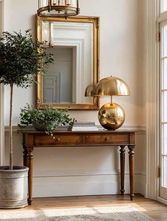 Bring the timeless elegance of a London designer apartment into your home.

One of the easiest ways to elevate an empty wall is with a beautifully styled console table.

Start with a polished wooden console table. Wood brings warmth, grounding, and character that never goes out of style.

Then hang a gold frame mirror above it. Wood and gold have been paired together in homes for centuries because they create one of the most timeless combinations in interior design. The wood grounds the space, while the gold reflects light and adds quiet luxury.

Complete the look with a sculptural dome table lamp in a warm gold finish. Dome lamps are becoming one of the defining silhouettes of modern homes, blending vintage inspiration with contemporary design. During the day, it's a beautiful decorative sculpture. In the evening, it creates warm layered lighting that completely transforms the atmosphere.

Finish with a tree-like plant or simple greenery to soften the space and bring nature indoors.

Whether you style this in an entryway, hallway, living room, or beside a window, these four elements create a look that feels elegant, intentional, and effortlessly timeless.

We've linked everything to help you recreate the look.

Elegance is about taste, not about square footage.

#ConsoleTable #HomeDecor #InteriorDesign #LTKHome 

 #LTKHome