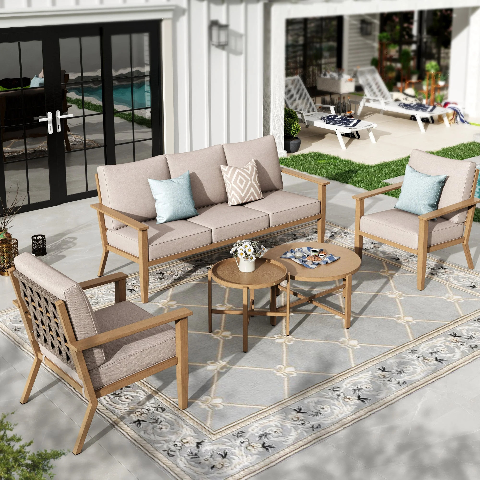 Sophia & William 5 Seat Patio Outdoor Furniture Set Wooden-like Conversation Set with Chairs & Co... | Walmart (US)