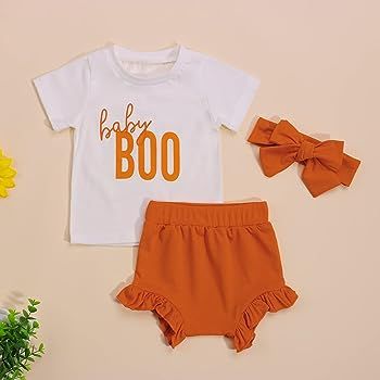 3Pcs/Set Baby Girl Halloween Outfit, Boo Print T-Shirt Tops Ruffle Shorts Headband Clothes | Amazon (US)