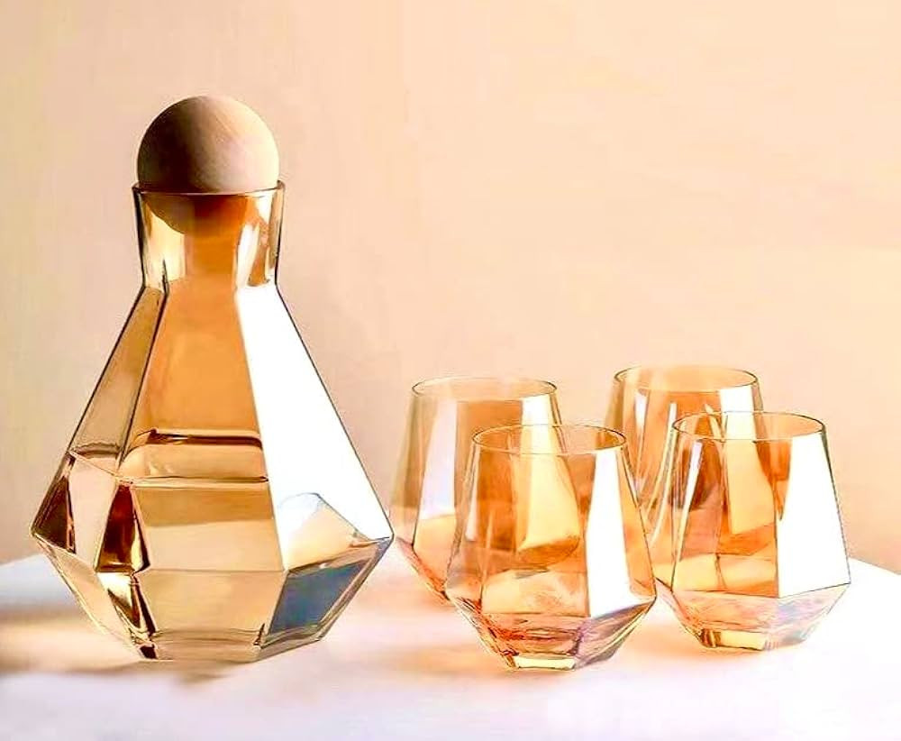 Wine Decanter Set with Four Glasses; Iridescent, Diamond, Multicolored Carafe Set with Wood Stopp... | Amazon (US)