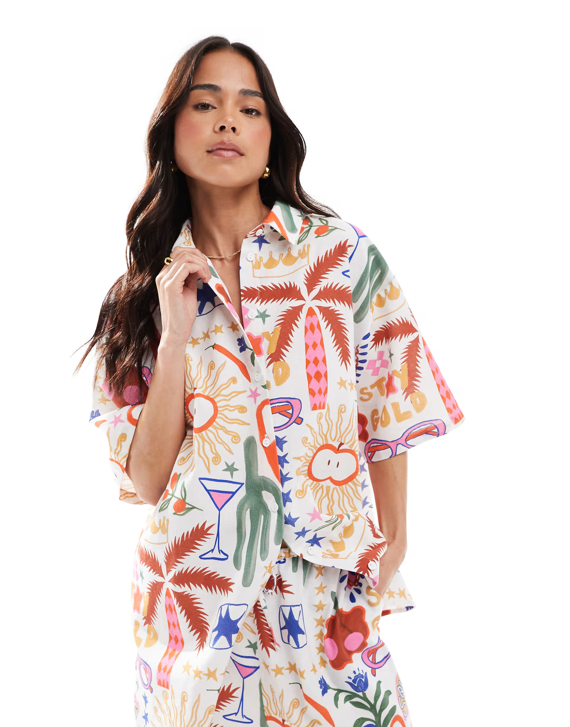 ASOS DESIGN oversized short sleeve linen look shirt in cactus print - part of a set | ASOS (Global)