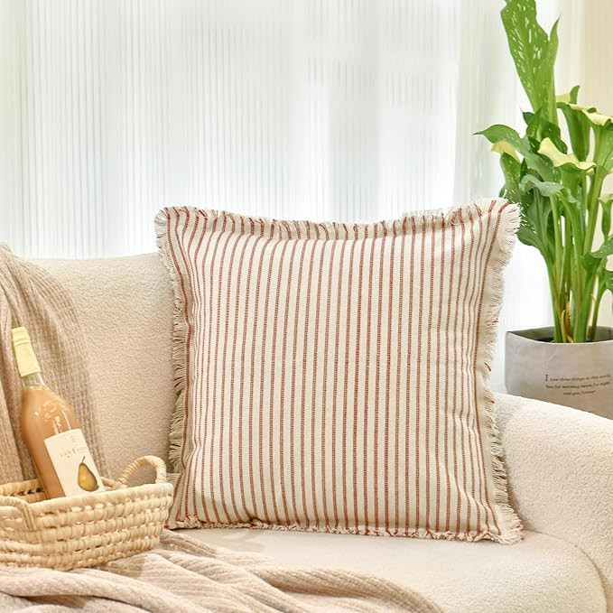 ZWJD Throw Pillow Covers 18x18Set of 2 Striped Pillow Covers with Fringe Chic Cotton Decorative P... | Amazon (US)