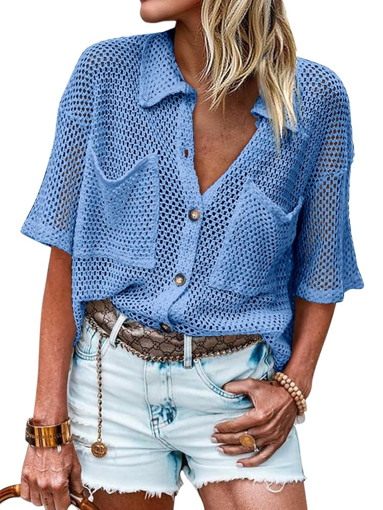 Fisoew Womens Crochet Lightweight Cardigan Sweaters Short Sleeve Summer Button Down Collared Loos... | Amazon (US)