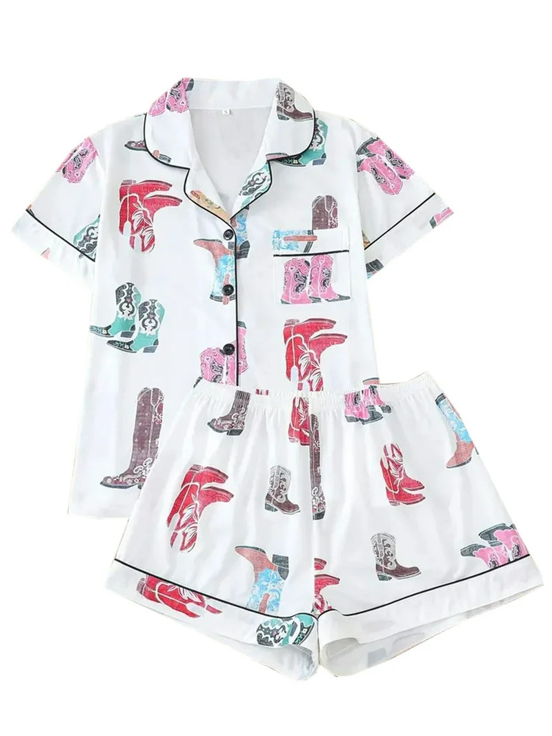 WIBACKER S-2XL Womens Pajamas Set Short Sleeve Button Down 2 Piece Loungewear Sets Cowboy Boot Sl... | Walmart (US)