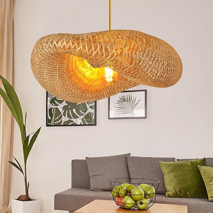 Woven Bamboo Pendant Lighting Fixtures, Bird Nest Lamp Shade Ceiling Hanging Light with Adjustabl... | Amazon (US)