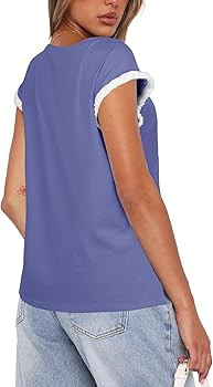Darong Women's Casual Ruffle Cap Sleeve Crew Neck Tops Summer Cute Color Block Cotton Loose T Shi... | Amazon (US)