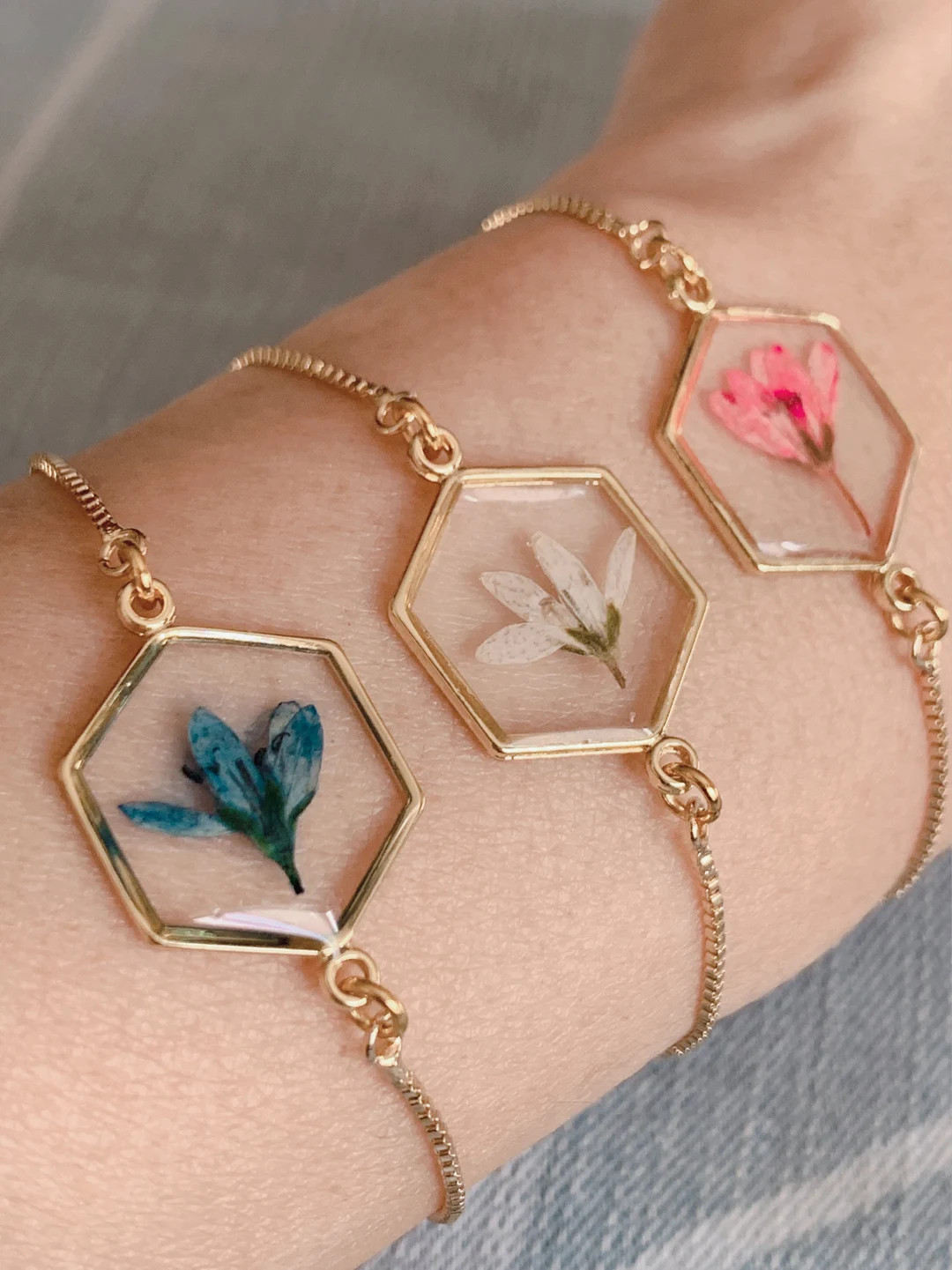Pressed Real Dried Flower Bracelet: 14k Gold Plated Hexagon Resin Jewelry, wedding gift, Bridesma... | Etsy (Global)