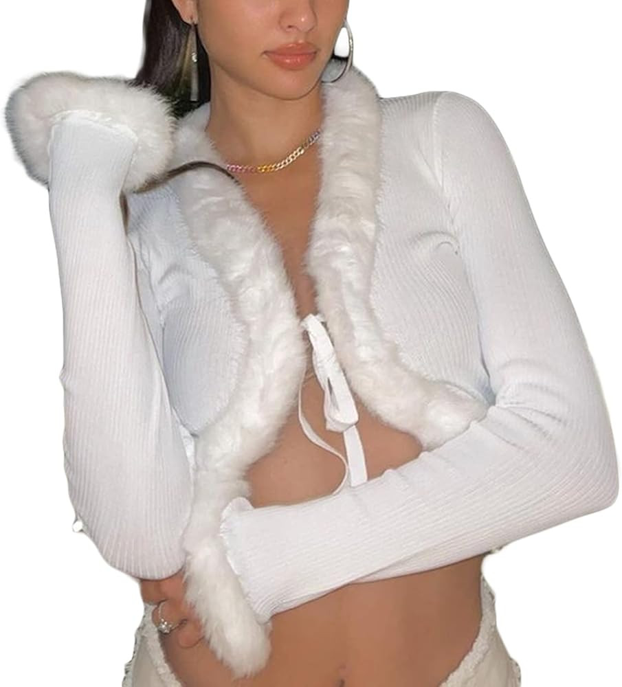 Sexy Women Long Sleeve Tie-up Cardigan Deep V Solid Crop Tops Fur Trim Fashion Knitted Sweaters | Amazon (US)