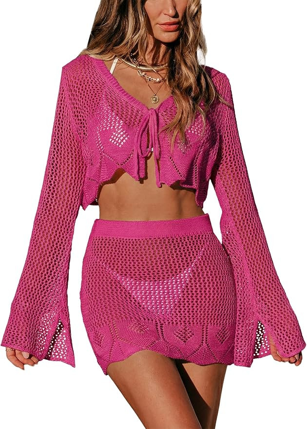 CUPSHE Women Crochet Swimsuit Cover Up Set Long Sleeve 2 Piece Summer Bathing Suit Beach Outfit | Amazon (US)