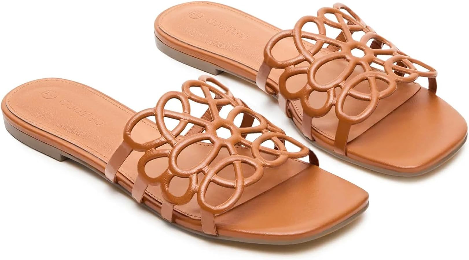 Coutgo Womens Flat Sandals Comfortable Square Open Toe Slides Slip On Summer Dressy Beach Shoes | Amazon (US)