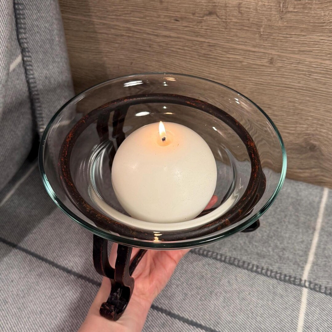 Vintage 1.7kg Glass Bowl with Wrought Iron Stand Heavy Rustic Centrepiece Candle Holder | Farmhou... | Etsy (US)