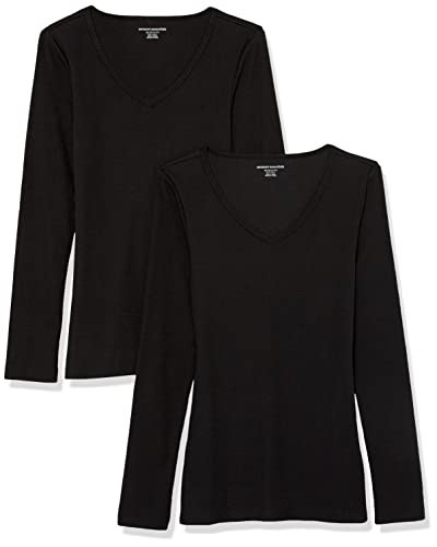 Amazon Essentials Women's Slim-Fit Long Sleeve V-Neck Knit Rib Shirts (Available in Plus Size), Pack of 2, Black, Medium | Amazon (US)