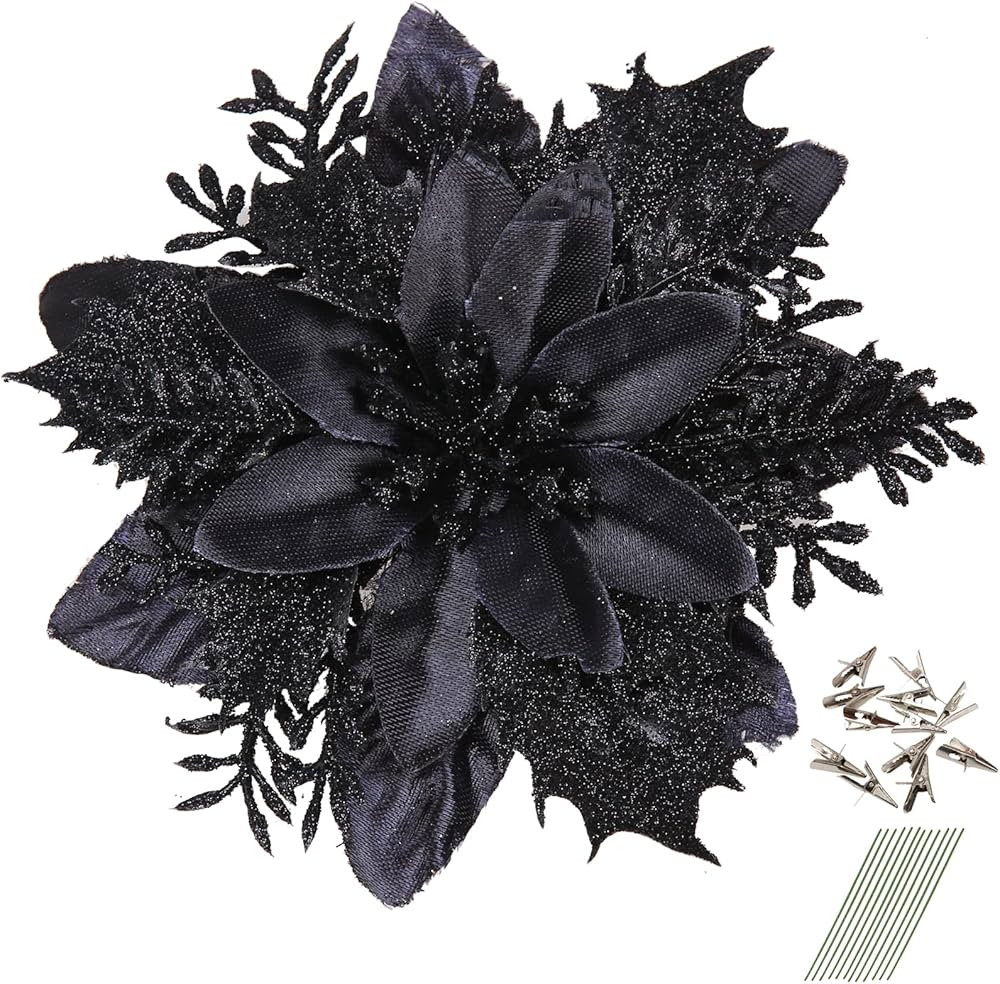 GREENTIME 12 Pcs Glitter Poinsettia 5.5" Artificial Flowers Christmas with Clips Stems Xmas Tree ... | Amazon (US)