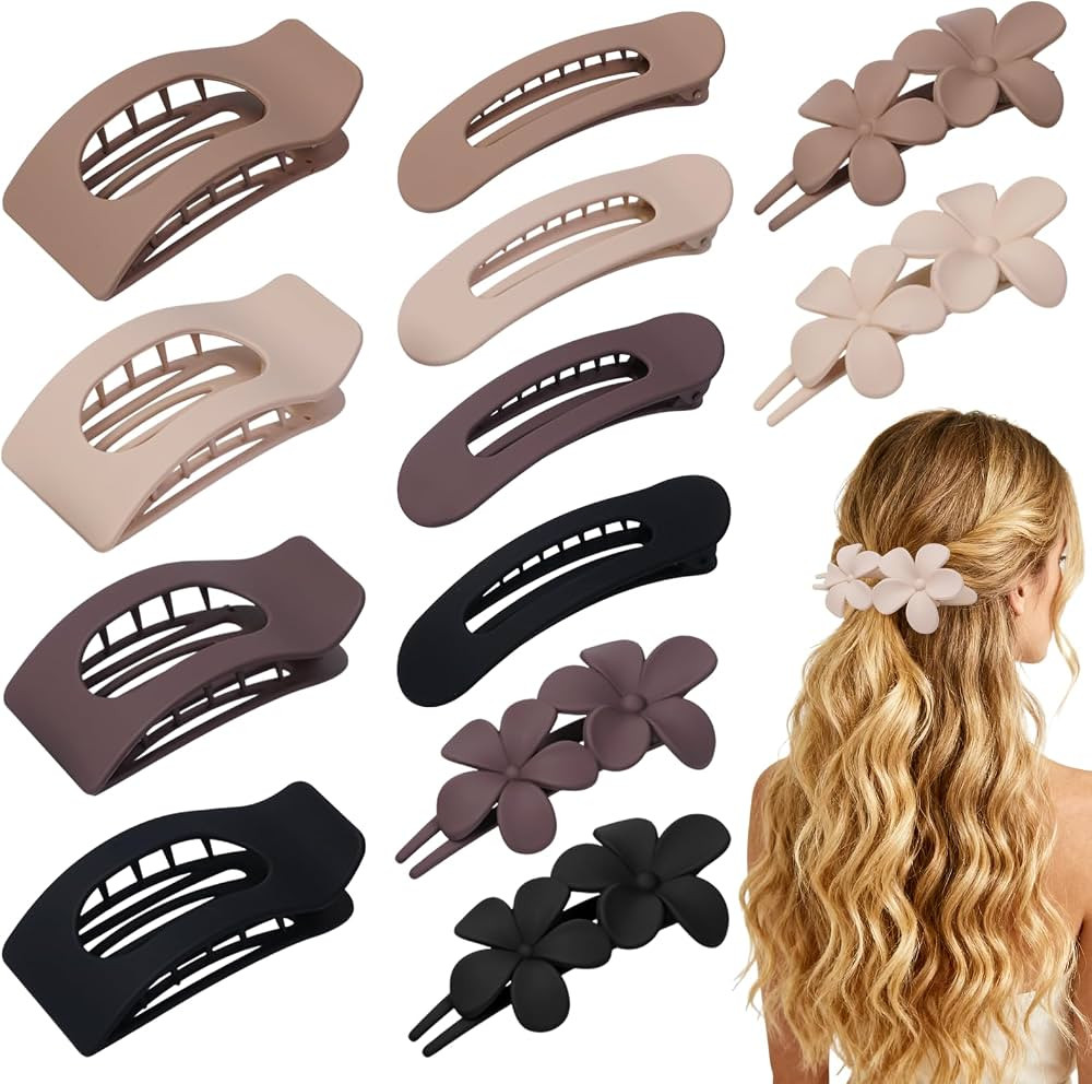 12 Pack Flat Hair Clips for Women \u2013 Matte Neutral Square Claw Clips, Flat Barrettes & Flower... | Amazon (US)