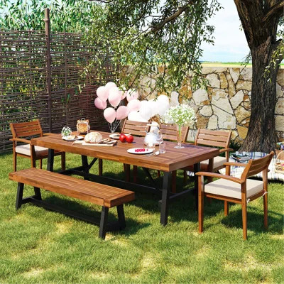 Outdoor Wood Dining Set For 7-8 Person, Outdoor Dining Furniture With Removable Cushions, Ergonomic Chairs And Bench, Thicker Table, Nature | Wayfair North America