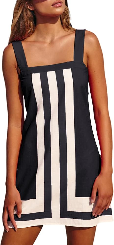 Fiona Jolin Women's Striped Mini Dress Boho Shoulder Strap Sundress Summer Cover Up Dress for Bea... | Amazon (US)