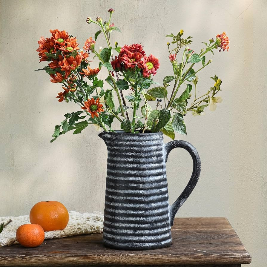 Quoowiit Ceramic Rustic Vase with Handle, Black Distressed Decorative Farmhouse Pitcher Vase for ... | Amazon (US)